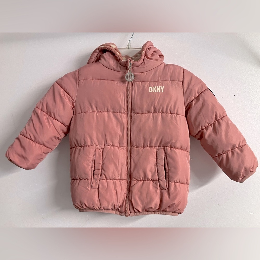 Girl’s Reversible Puffer Coat, 4T, Rose Pink, by DKNY